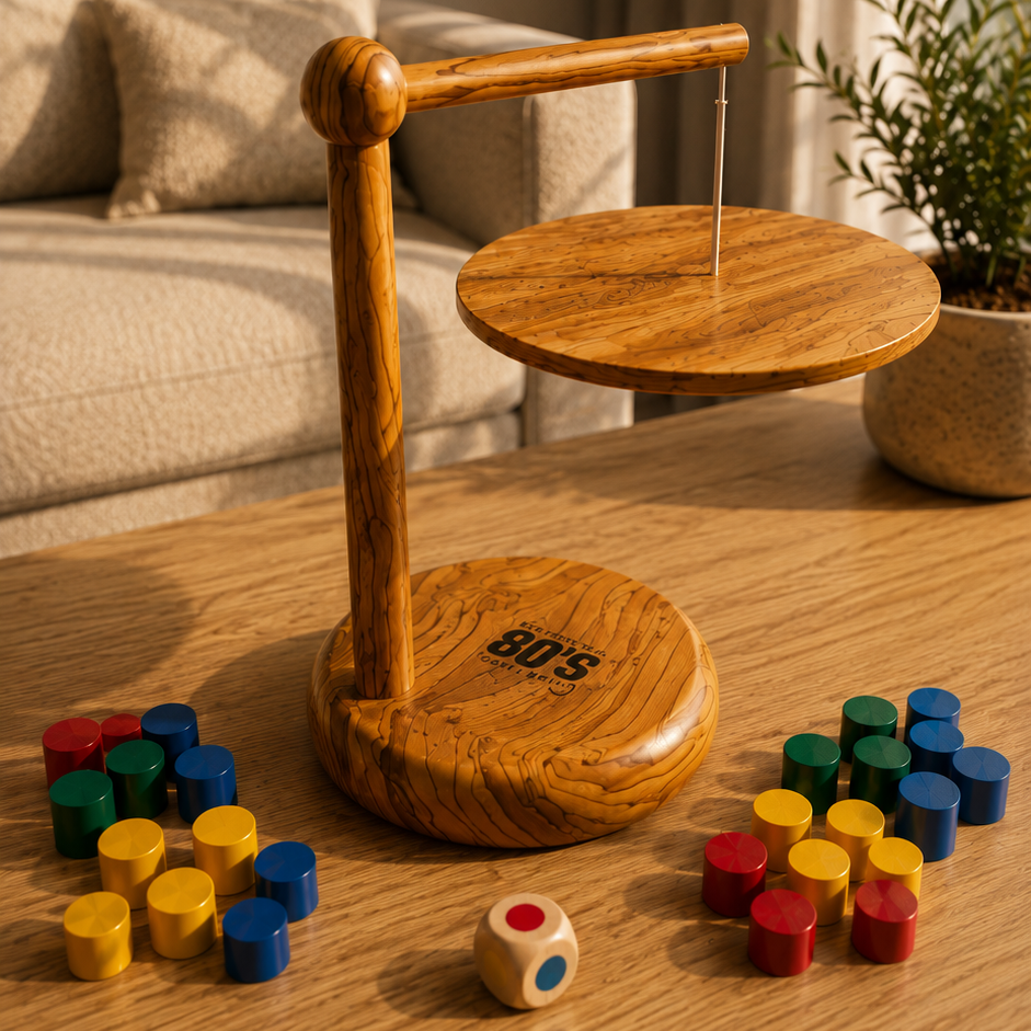 A wooden balance game set on a light wood table in a living room setting. The set includes a circular wooden base with a printed logo, a vertical wooden support, a round wooden platform with a hanging string, and multiple small colorful cylindrical pieces in red, yellow, and blue scattered around.