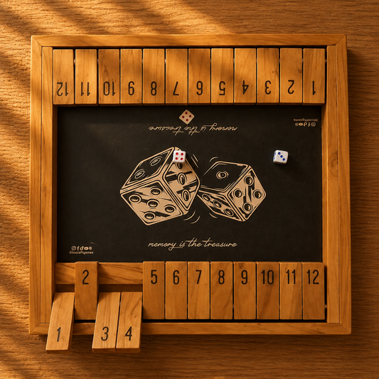 A wooden treasure chest style dice game board on a wood-grain surface, with numbered wooden blocks at the top and bottom, two dice, and engraved text on a black center panel.